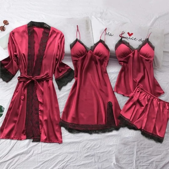 4 Pieces Women Pajamas Set Satin Sleepwear Silk Nightwear Spaghetti Strap Lace - Picture 1 of 4